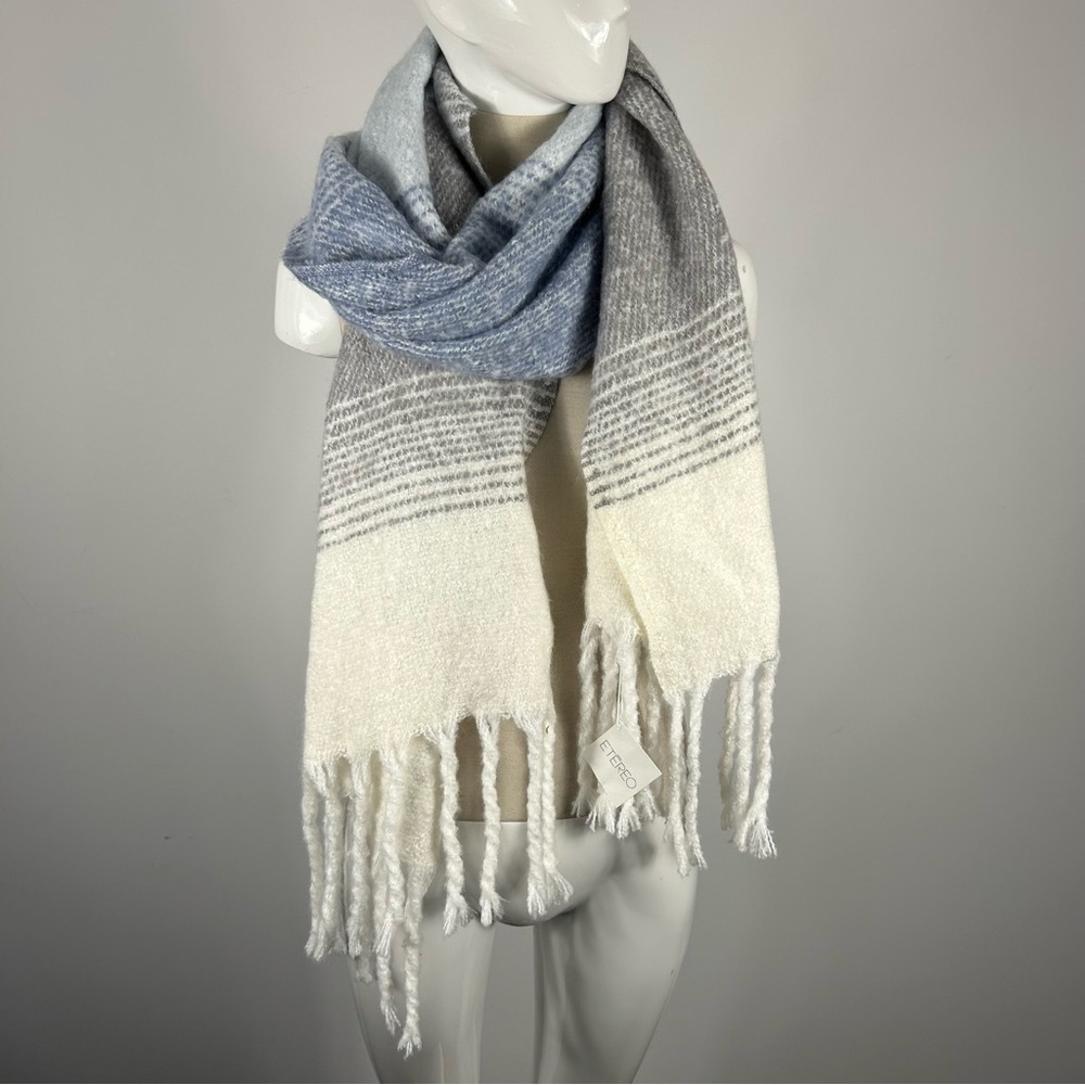 Etereo Oversized Color Block Blanket Scarf - Gray & Blue Fringe NWT